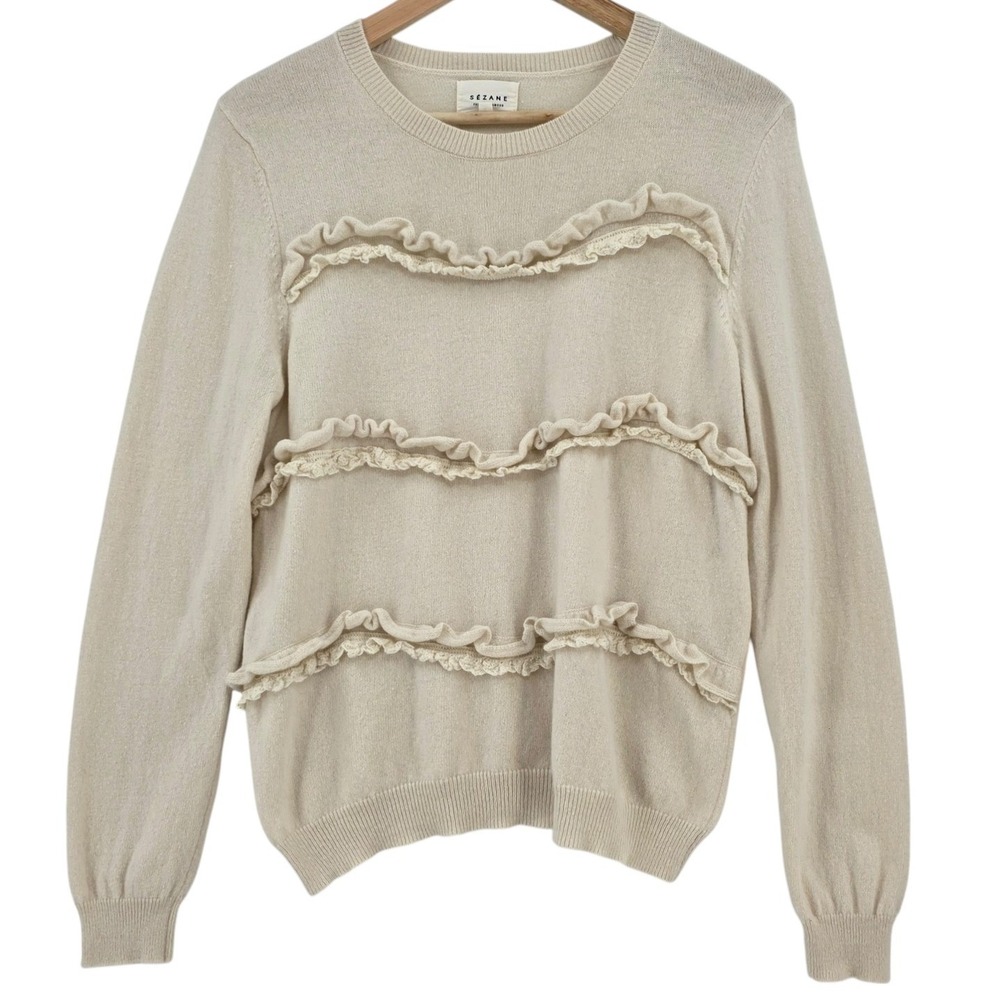 Sezane Womens L Andreas Wool Cashmere Ruffle Sweater in Ecru - Picture 2 of 13